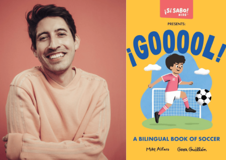 Photo of author Mike Alfaro next to book cover titled "Goool!"