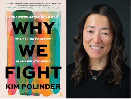 Graphic of book "Why We Fight" and a picture of author Kim Polinder 