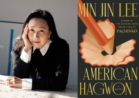 Split graphic of Author Min JIn Lee headshot on the left and her book cover, "American Hagwon" on the right
